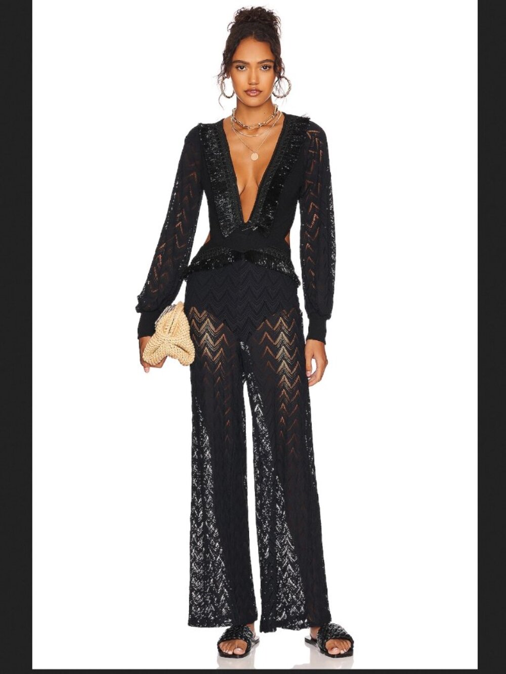 NWT size M PatBo x Alessandra Ambrosio Fringe Trim Cutout Jumpsuit Black Crochet